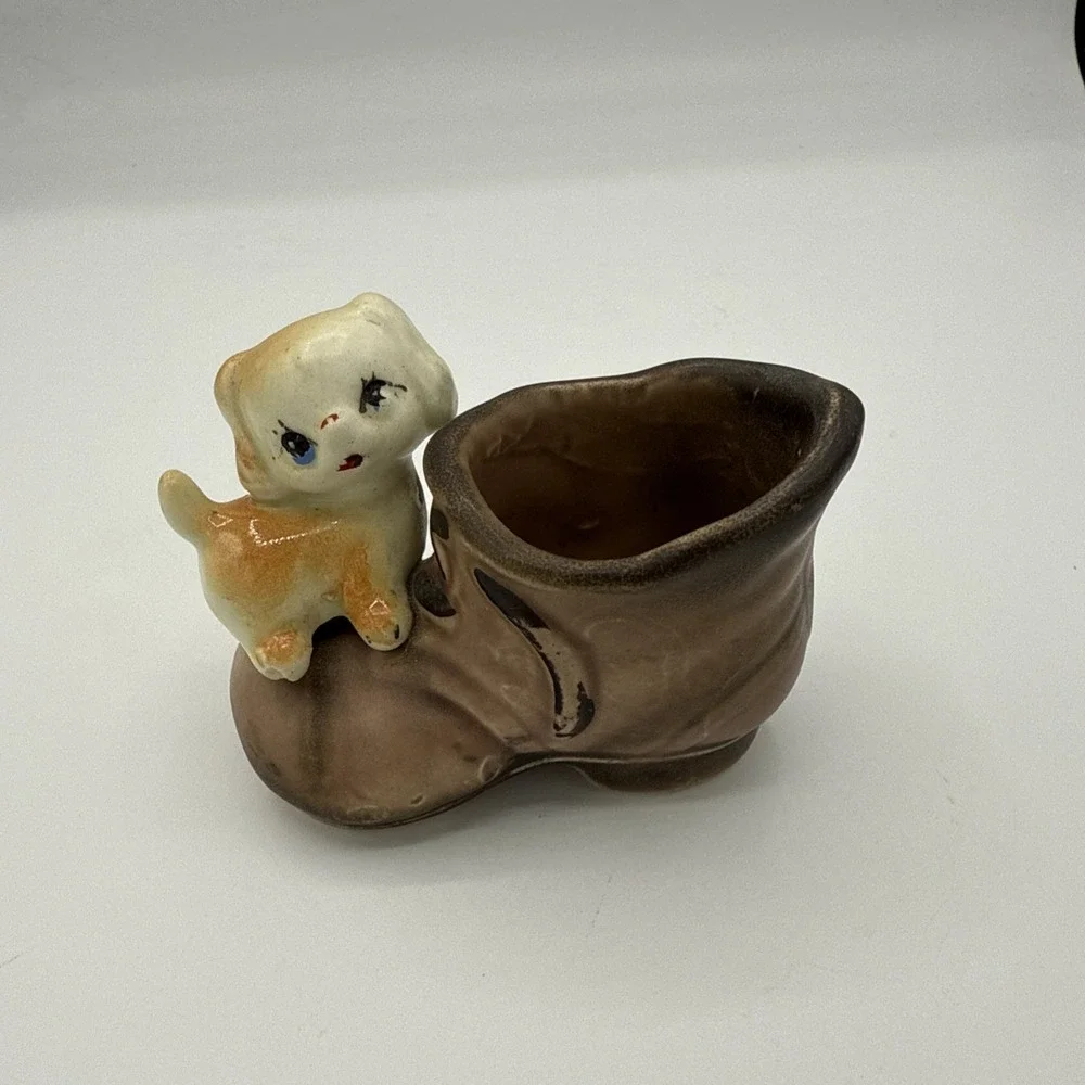 Vtg Enesco Puppy Dog On Boot Porcelain Figurine Toothpick Holder Succu Planter